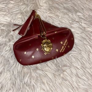Vintage Firenze Leather Coin Purse Maroon  Gold Fleur de Lis Triangle Italian